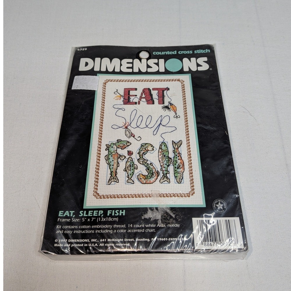 Dimensions Cross Stitch Kit White New Eat Sleep Fish 6729 Vintage 1997 DIY